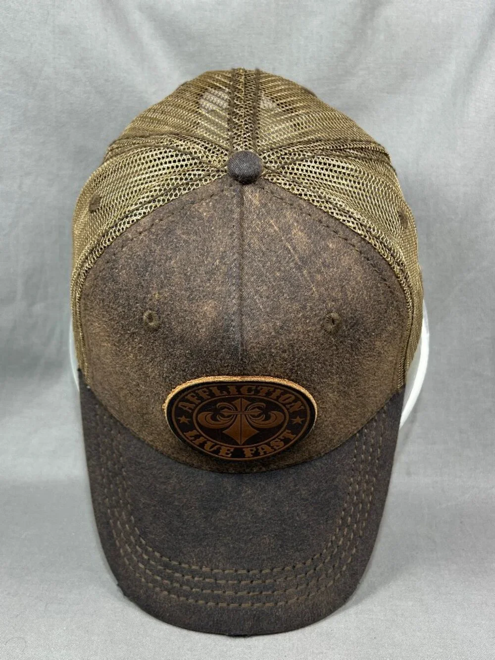 Affliction Live Fast Trucker Hat Snapback Brown Leather Patch Distressed Cap